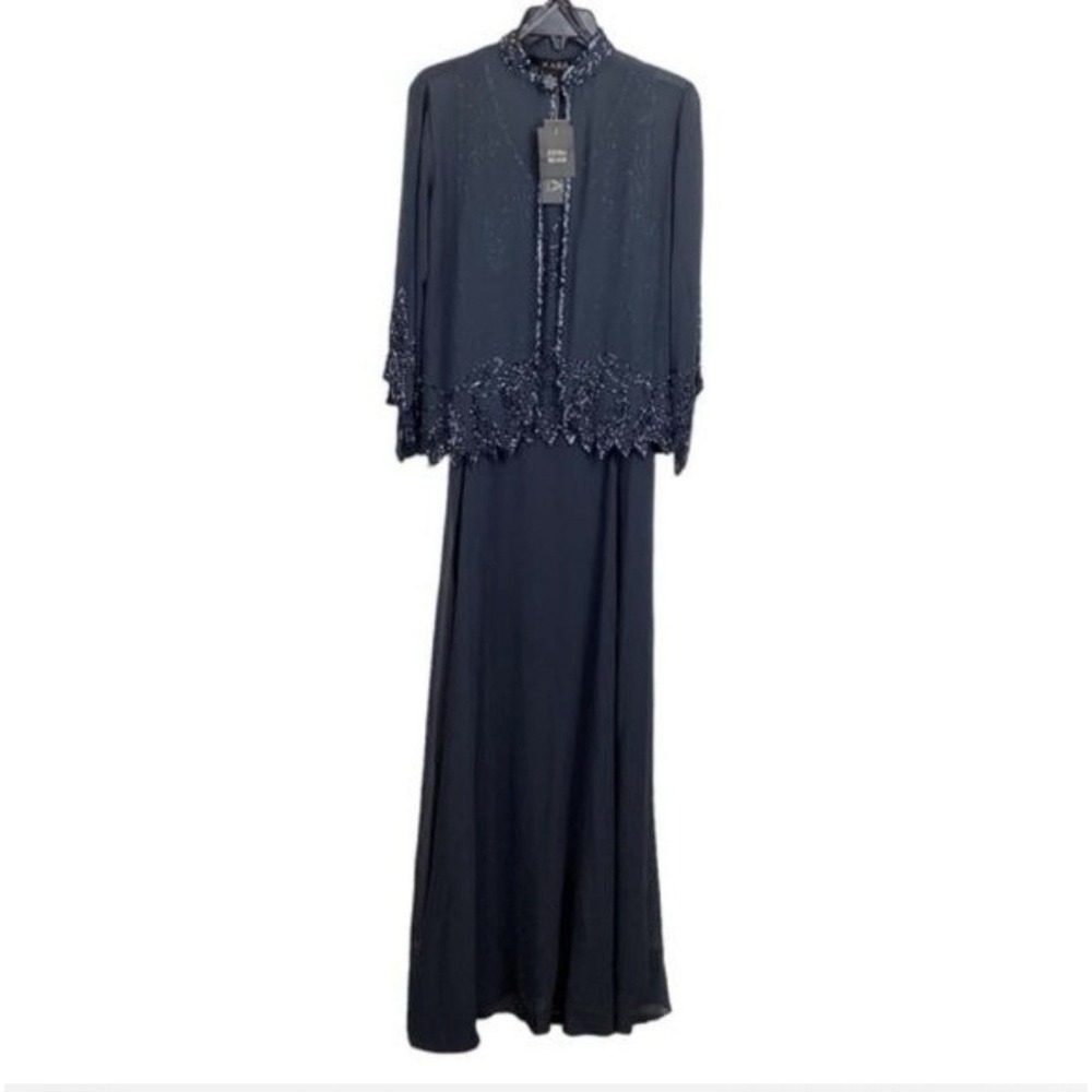 NWT $228 JKARA Beaded Jacket Dress 2‎ Pc Set Navy/Grey Sz 4 Formal Wedding Sheer